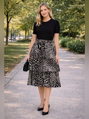 Who What Wear Skirt Tiered Ruffle Midi Animal Print Black Beige